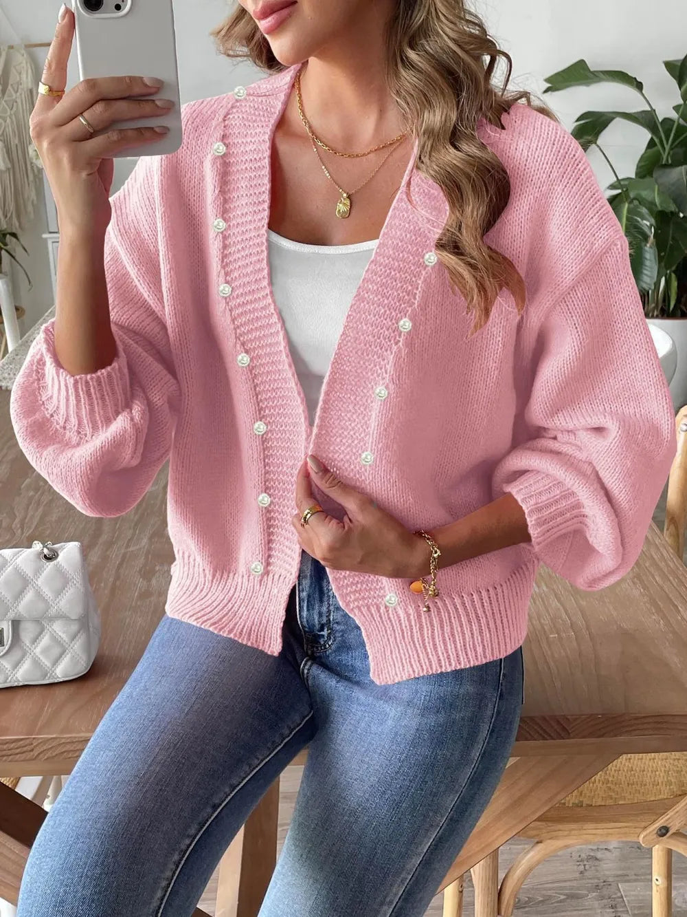 Pearl Open Front Long Sleeve Cardigan - cas7m