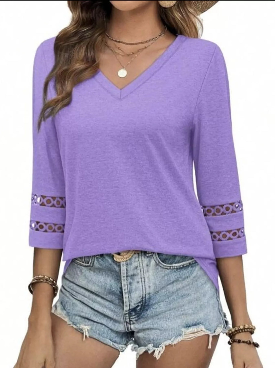 Full Size V-Neck 3/4 Sleeve T-Shirt Plus Size - cas7m