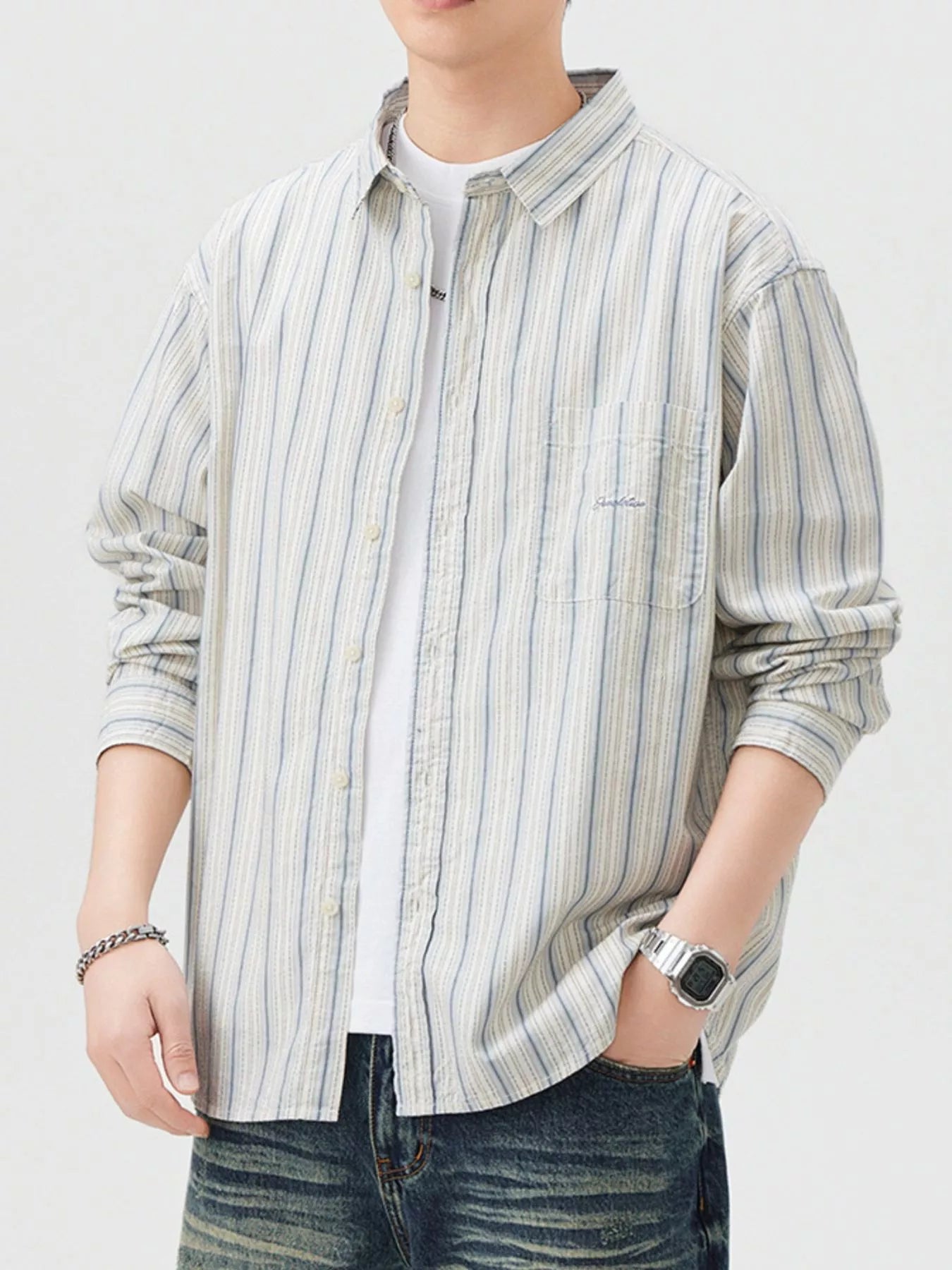 Men's Striped Button Up Long Sleeve Shirt - cas7m