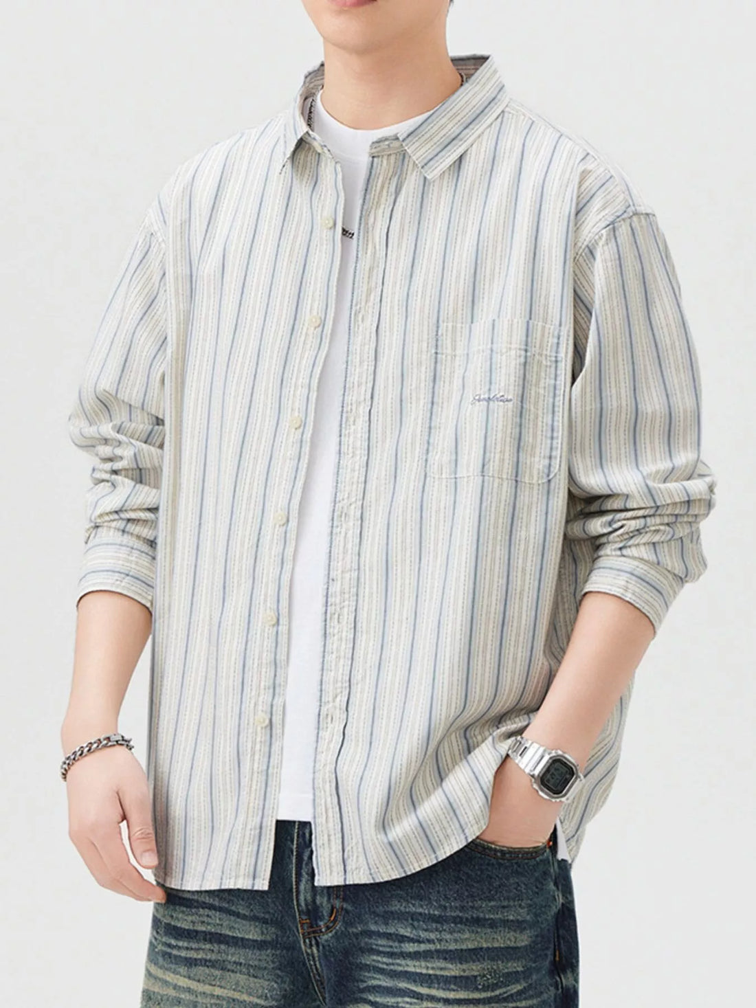 Men's Striped Button Up Long Sleeve Shirt - cas7m