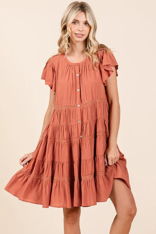 Mittoshop Lace Detail Ruffled Button Down Tiered Dress - cas7m