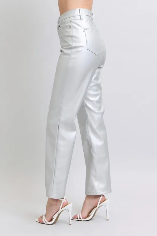 Judy Blue Full Size High Waist Silver Faux Leather Pants Plus Size - cas7m
