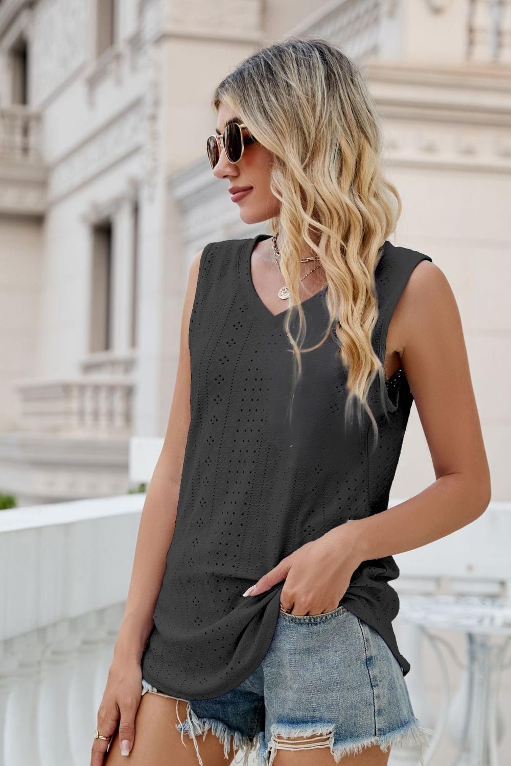 Eyelet V-Neck Tank - cas7m