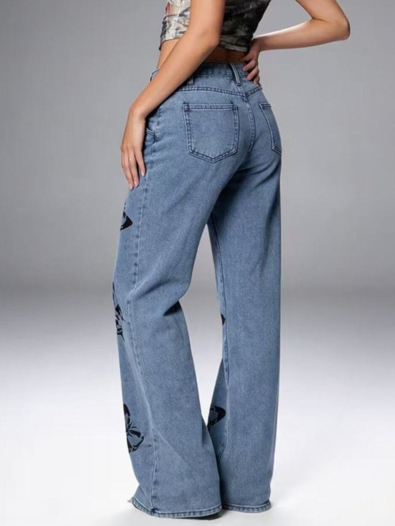 Butterfly Print High-Waisted Wide Leg Jeans - cas7m