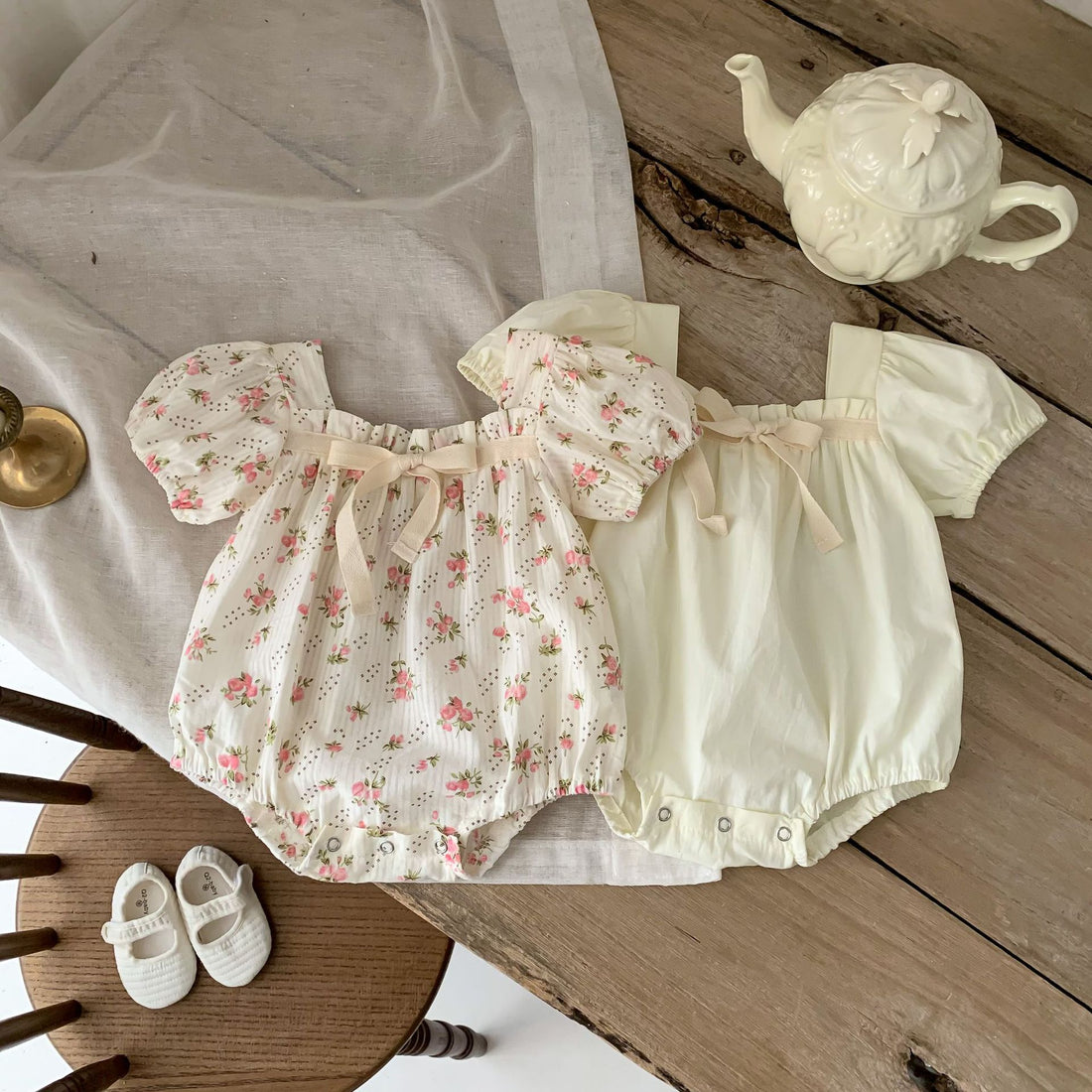 Small Floral Bow Baby Girl Bubble Sleeve Harness Crawl Clothes - cas7m