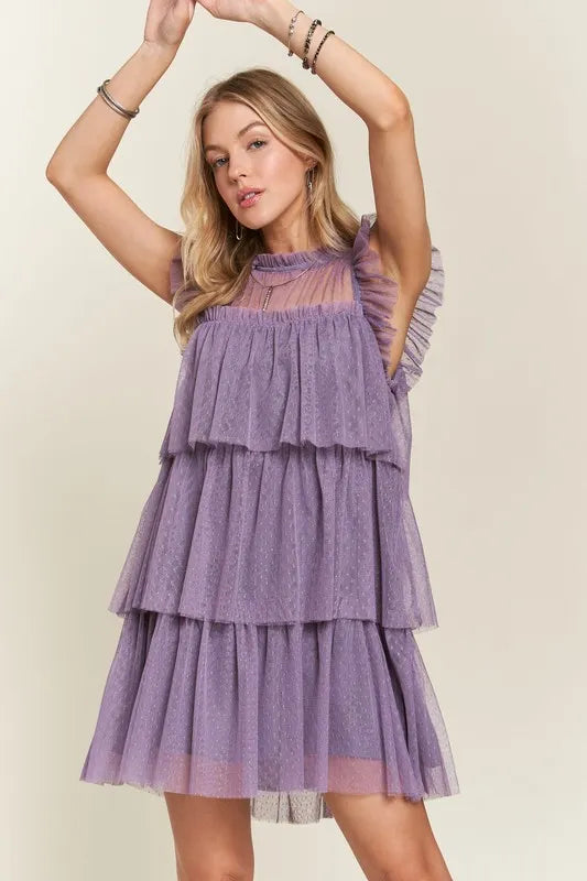 ADORA Layered Ruffled Cap Sleeve Mesh Dress - cas7m