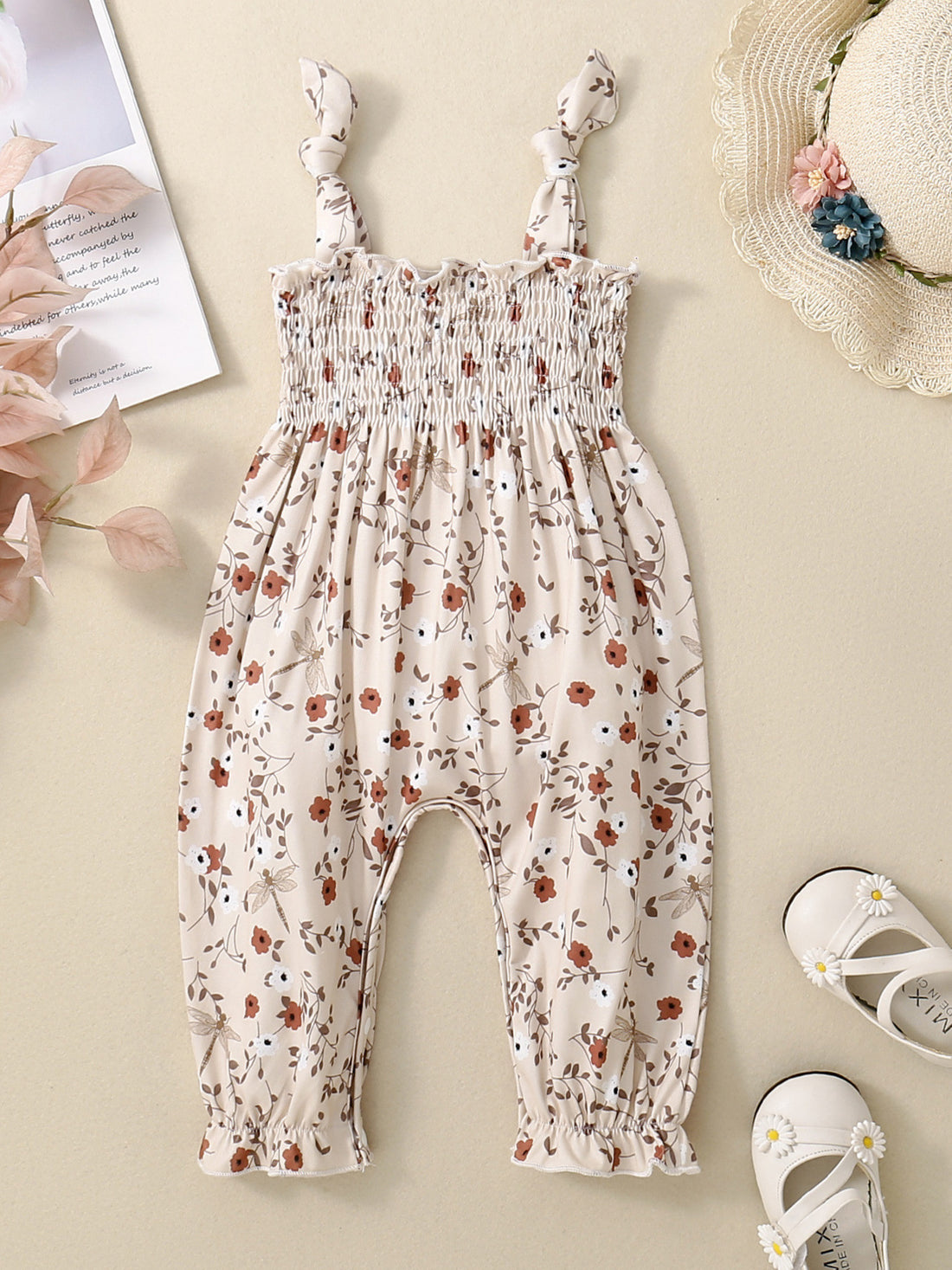 Children's Floral Print Smocked Jumpsuit - cas7m