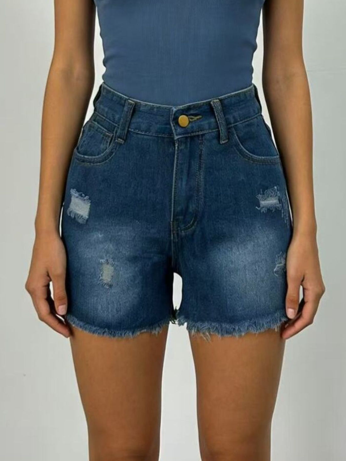 Distressed Frayed Hem Denim Shorts - cas7m