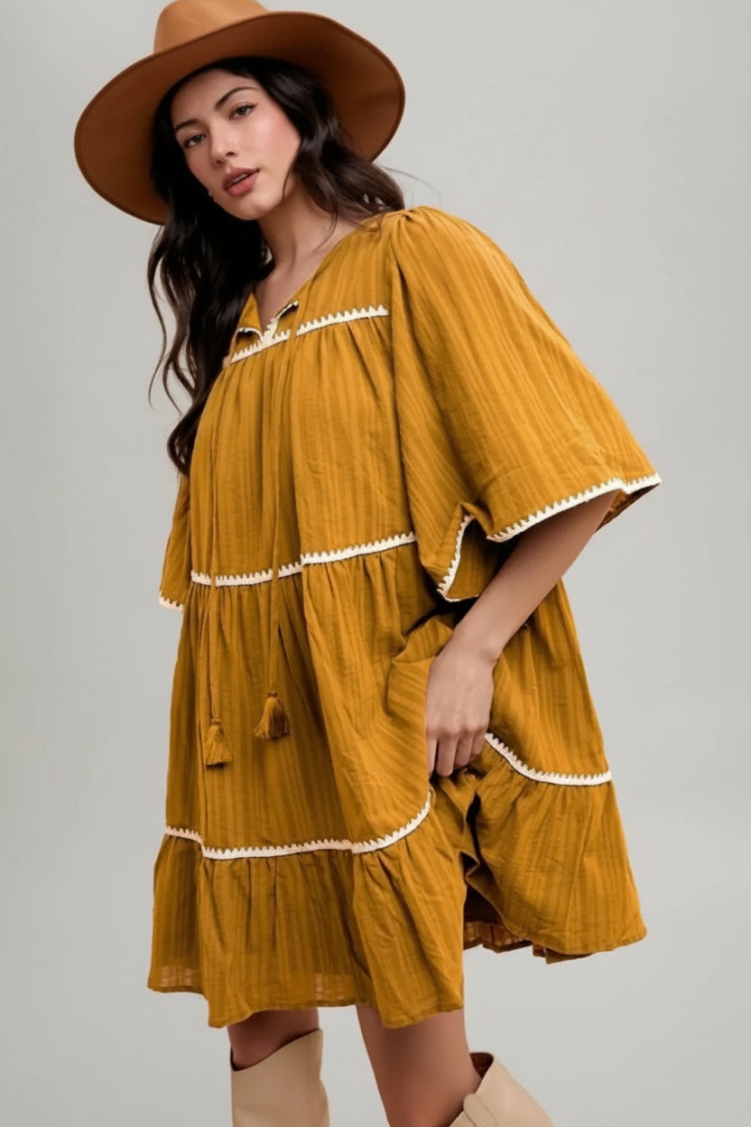 Annie Wear Tassel Contrast Trim Tie Neck Half Sleeve Tiered Dress - cas7m