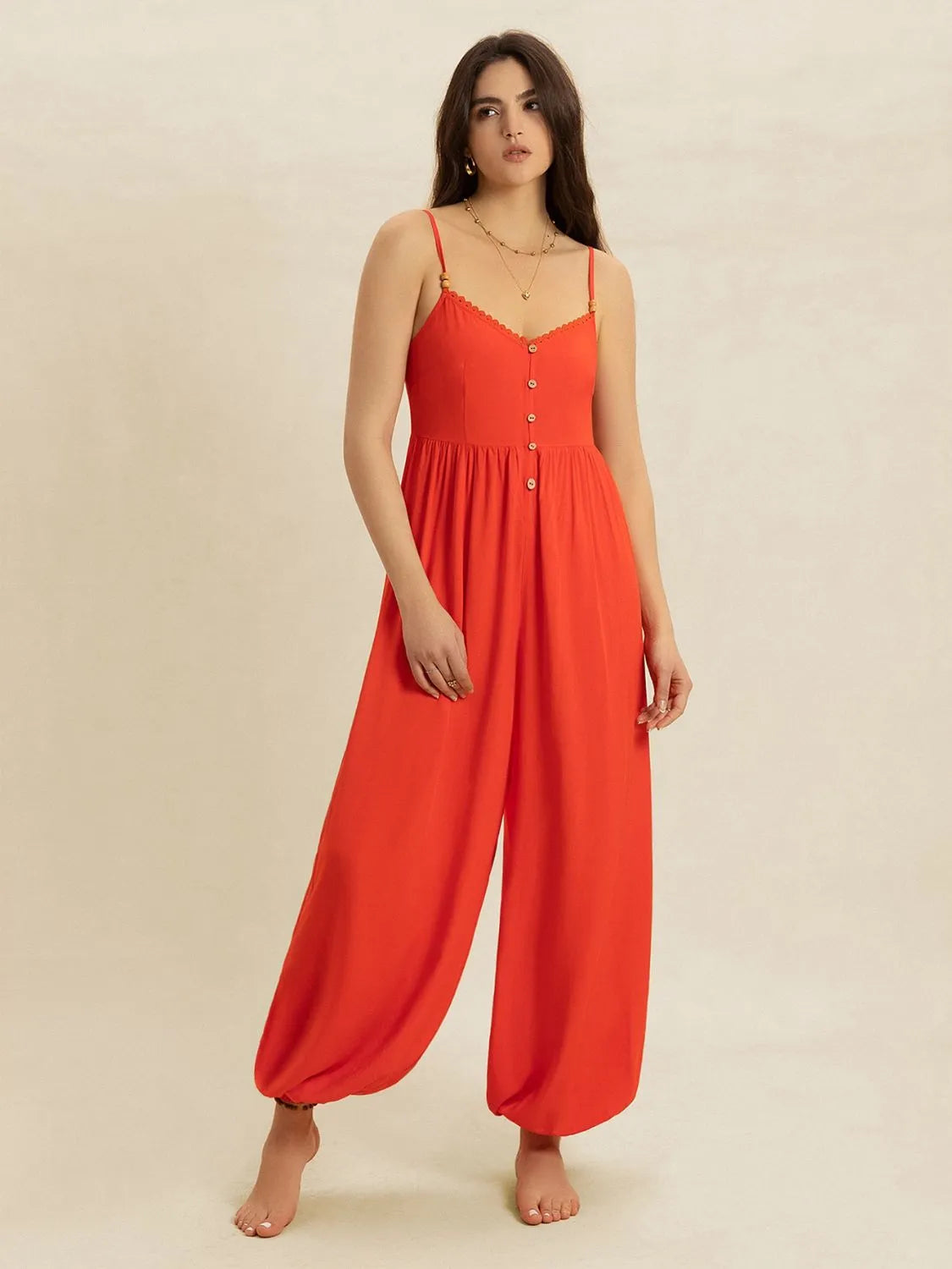 V-Neck Spaghetti Strap Jumpsuit - cas7m