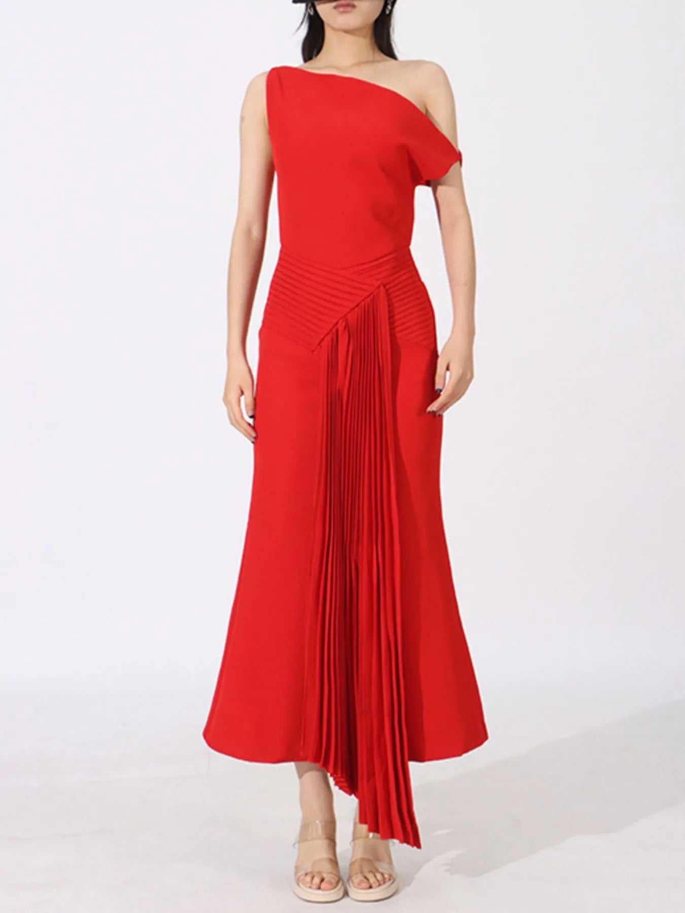 Single Shoulder Pleated Dress - cas7m