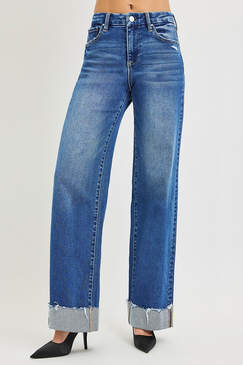 RISEN High Rise Wide Leg Jeans With Cuffed Hem - cas7m