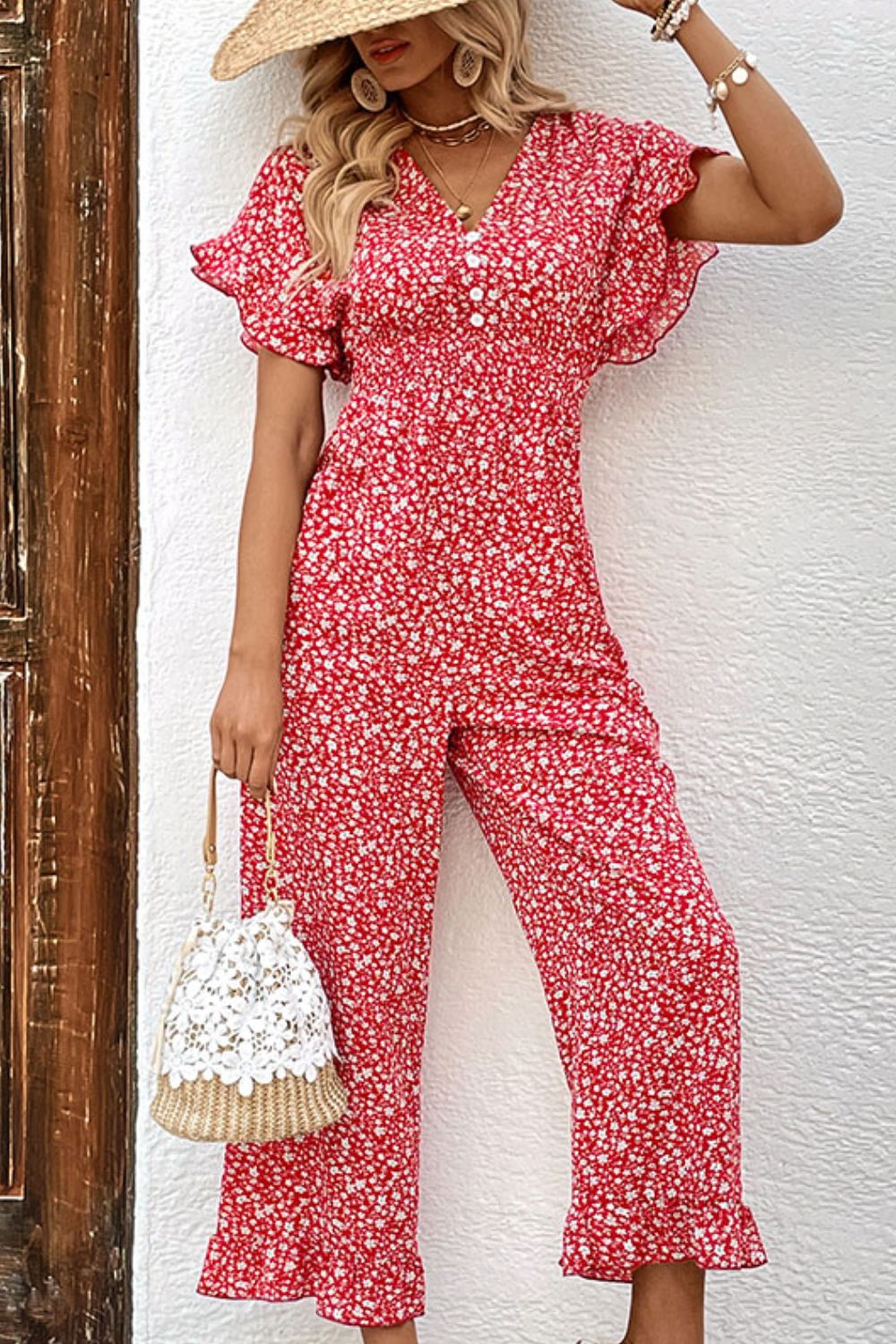 Perfee Printed Tie Back Ruffled Jumpsuit - cas7m