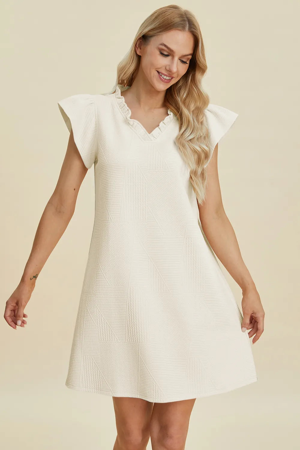 Double Take Full Size Ruffled V-Neck Cap Sleeve Dress - cas7m