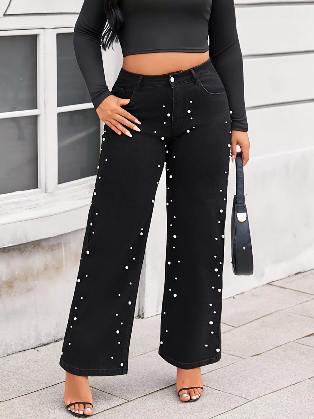 Plus Size Pearl Embellished Wide Leg Jeans - cas7m