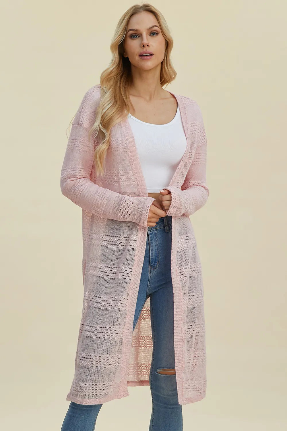 Double Take Full Size Open Front Longline Cardigan - cas7m