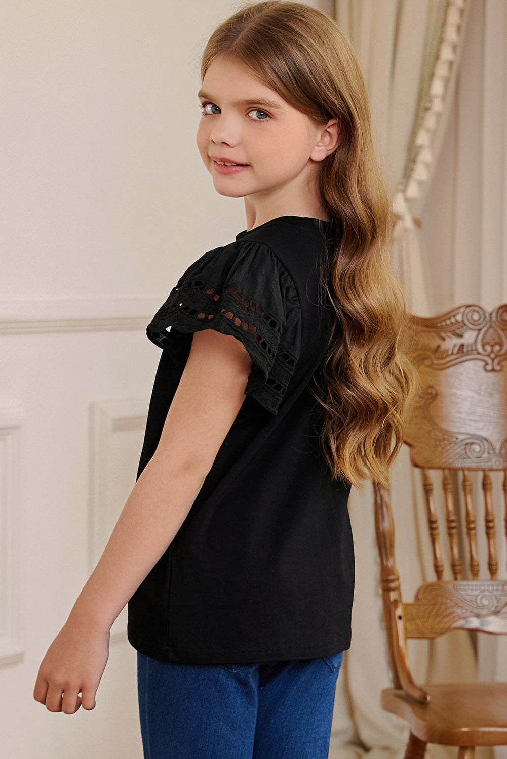 Round Neck Flutter Sleeve T-Shirt - cas7m