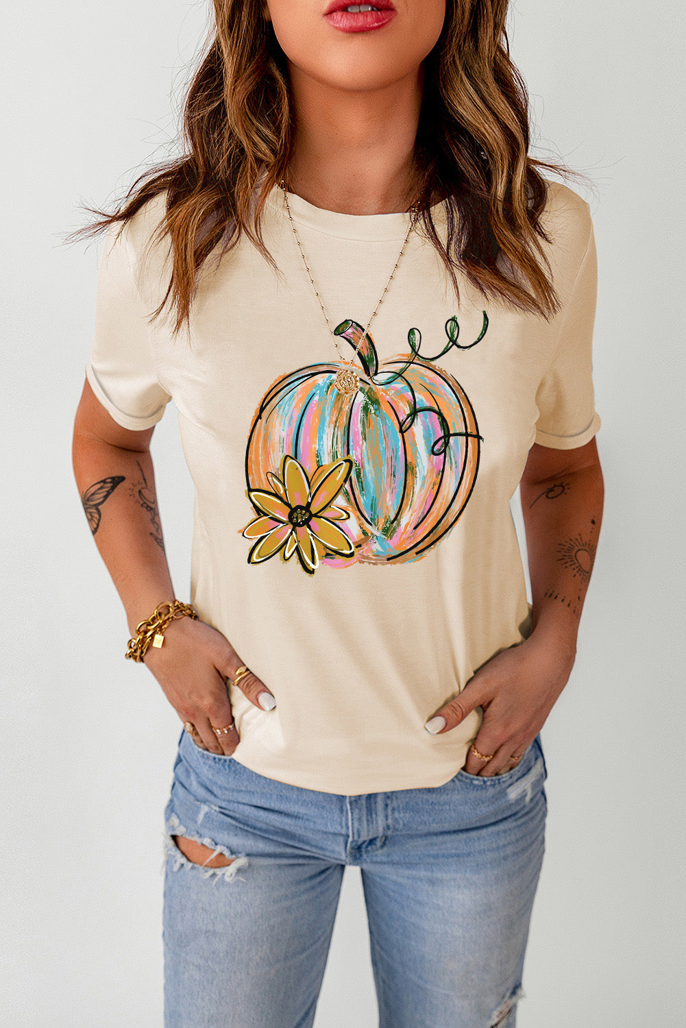 Pumpkin Graphic Round Neck T-Shirt - cas7m