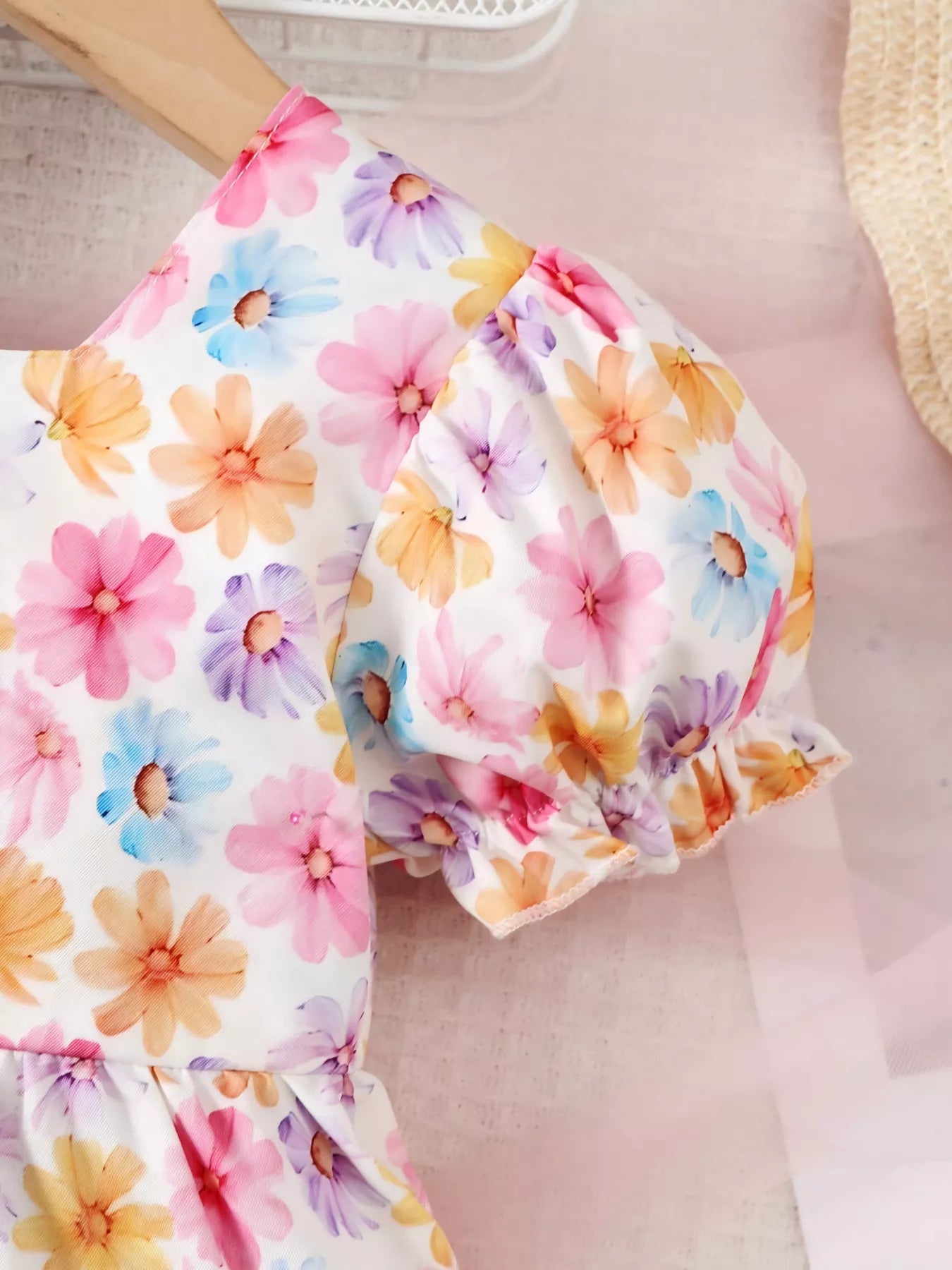 Children's Floral Print Puff Sleeve Ruffle Hem Dress - cas7m