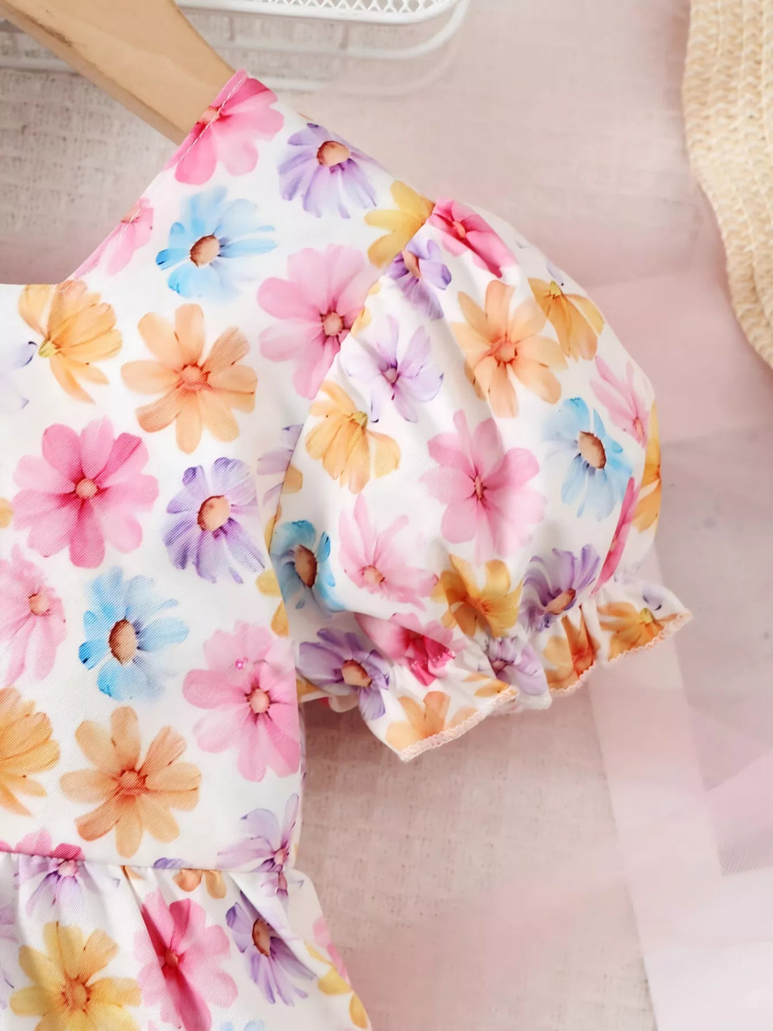 Children's Floral Print Puff Sleeve Ruffle Hem Dress - cas7m