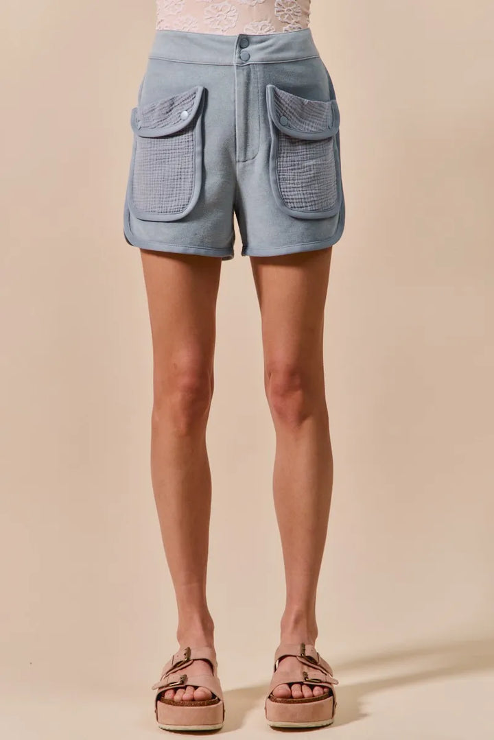 SO ME Mineral Washed Terry High Rise Cargo Shorts - cas7m