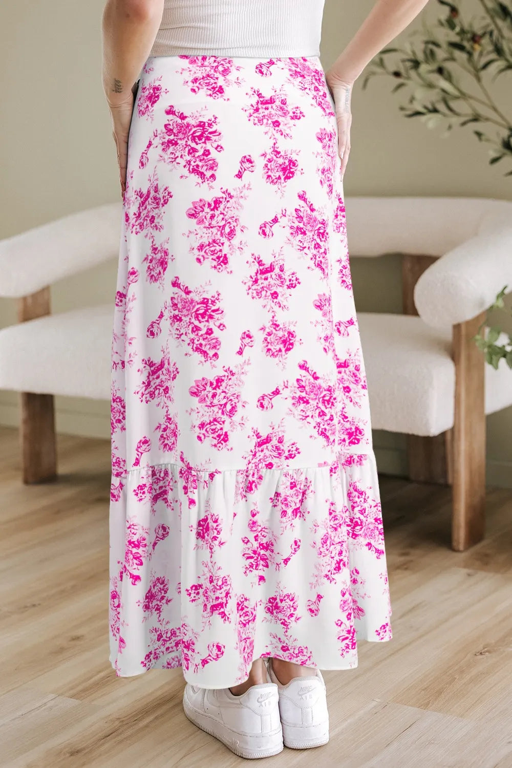 Boho Floral High Waist Ruffle Split Maxi Skirt - cas7m