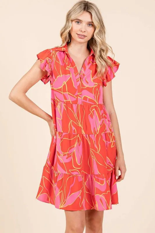 Mittoshop Leaf Print Ruffle Sleeve Tiered Mini Dress - cas7m