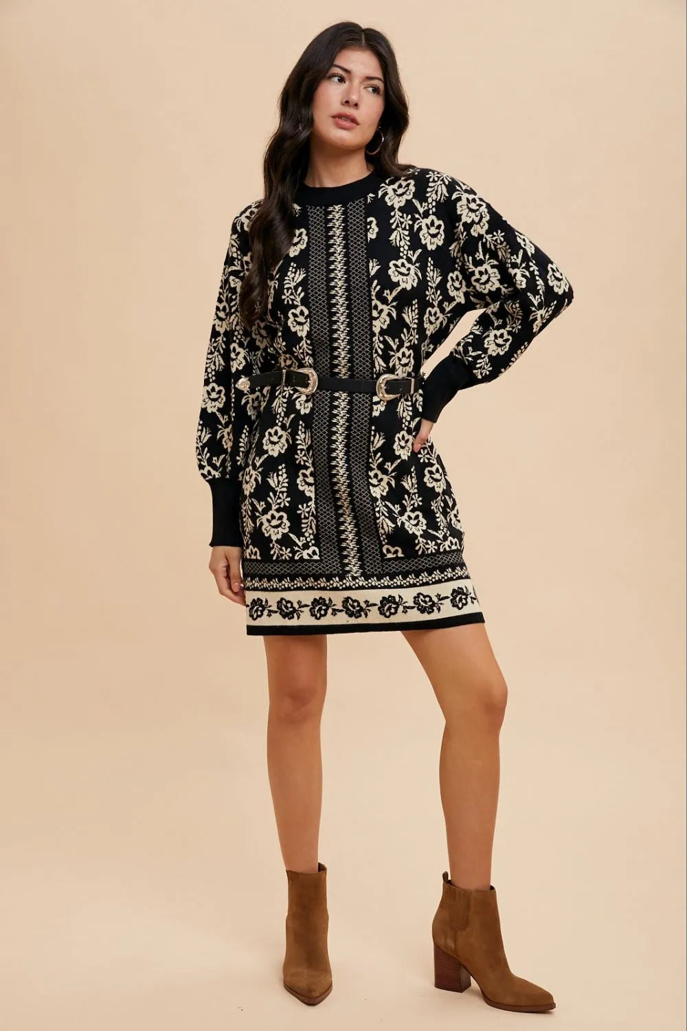 Annie Wear Floral Jacquard Round Neck Sweater Dress - cas7m