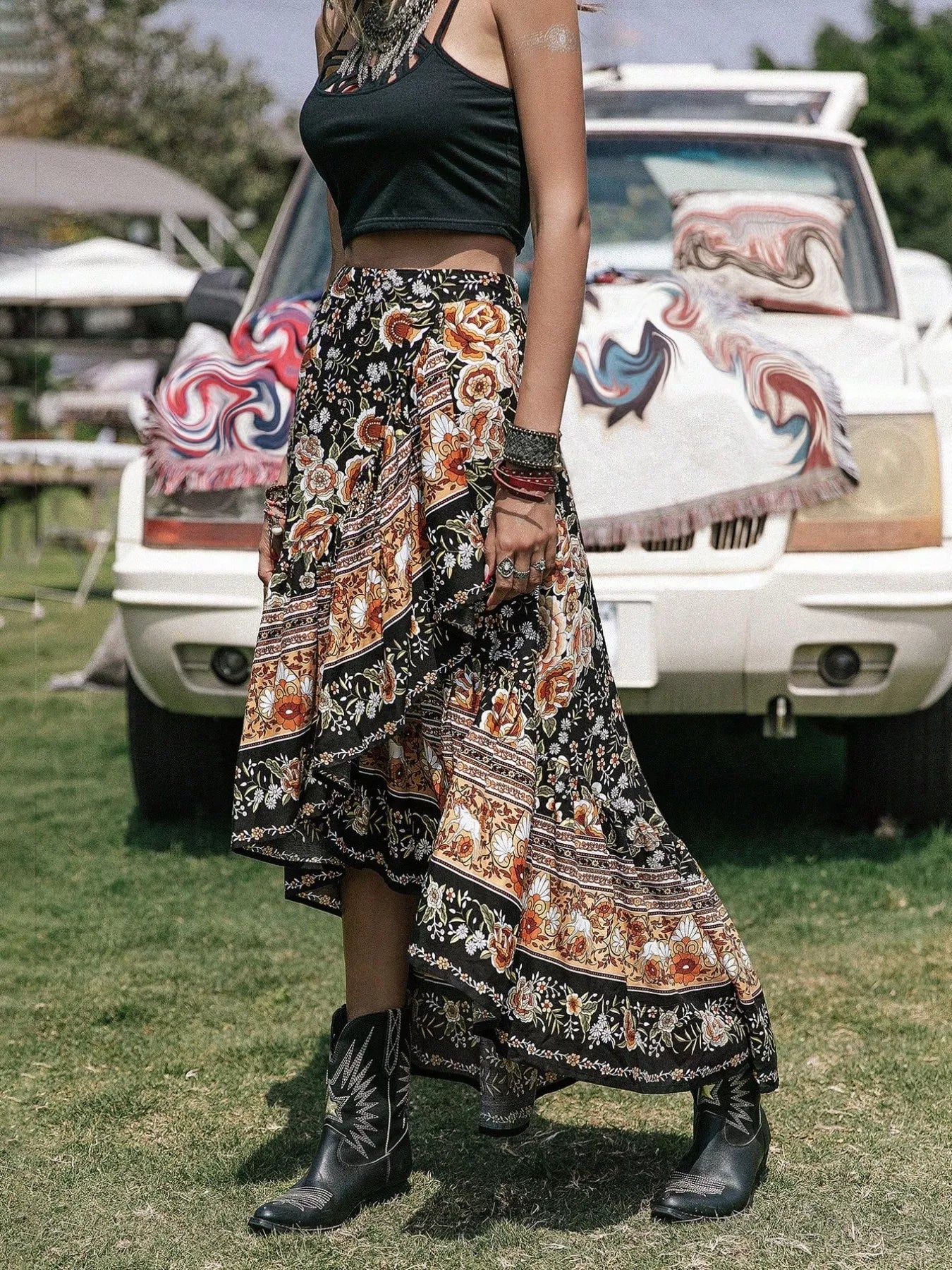 Plus Size Boho Floral Print High-Low Skirt - cas7m