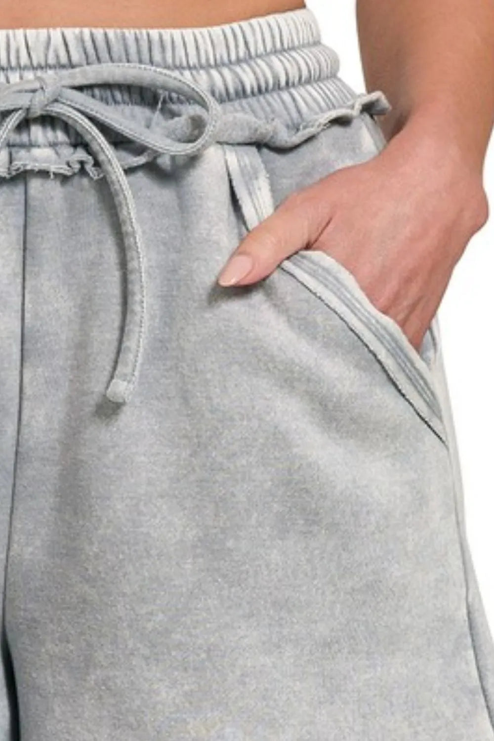 Zenana Acid Wash Fleece Drawstring Shorts With Pockets - cas7m