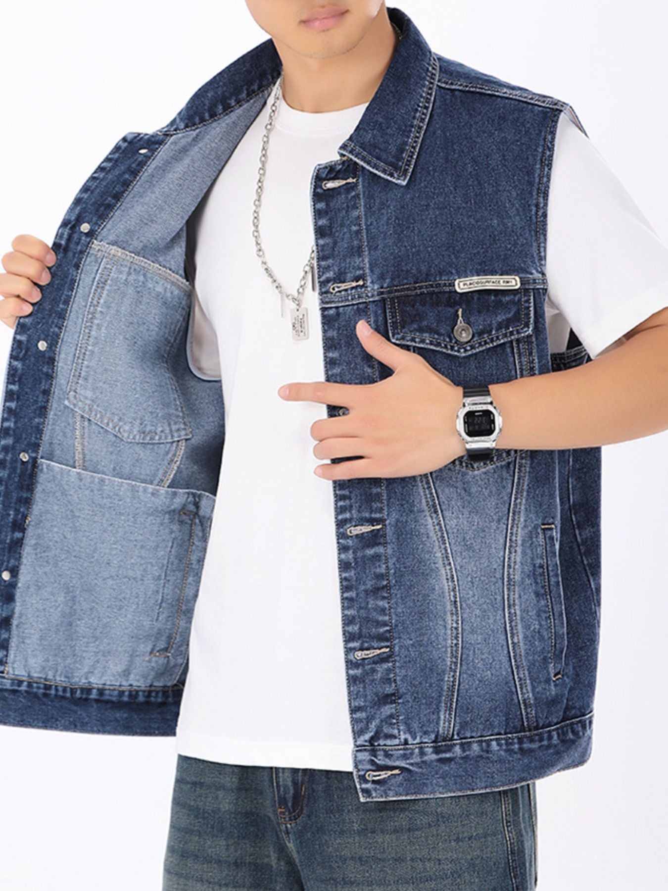 Men's Plus Size Vintage Washed Denim Vest - cas7m