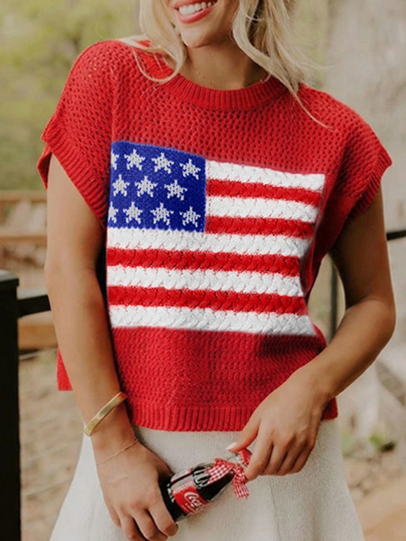 American Flag Knitted Short Sleeve Sweater - cas7m