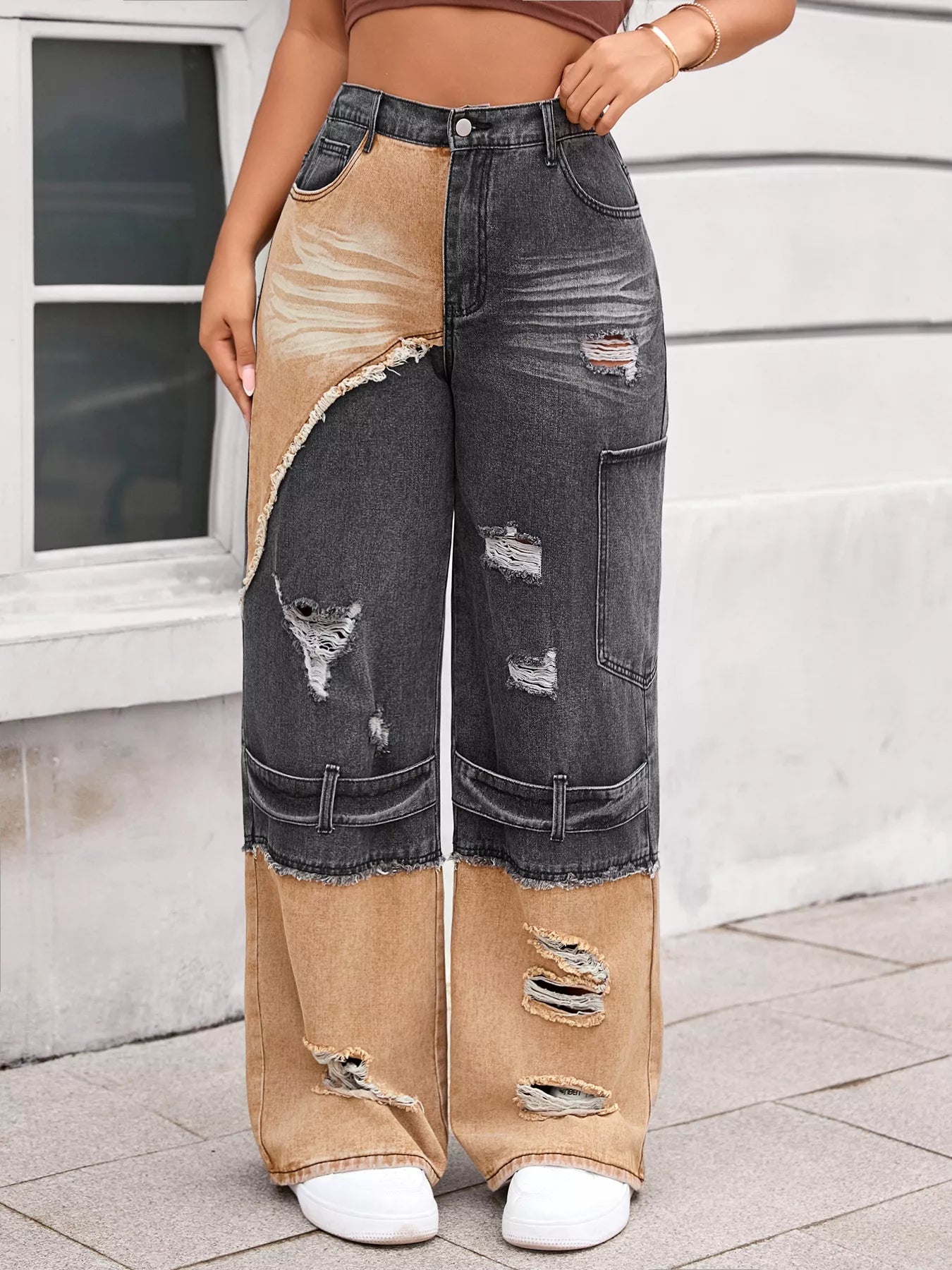 Two-Tone Ripped Wide Leg Jeans - cas7m