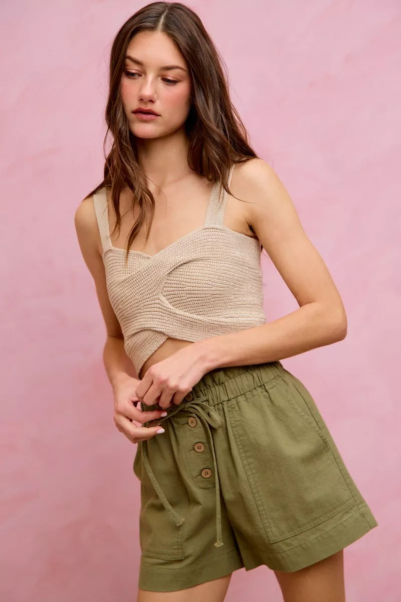 SO ME Paper Bag Patch Pocket Drawstring Twill Shorts - cas7m