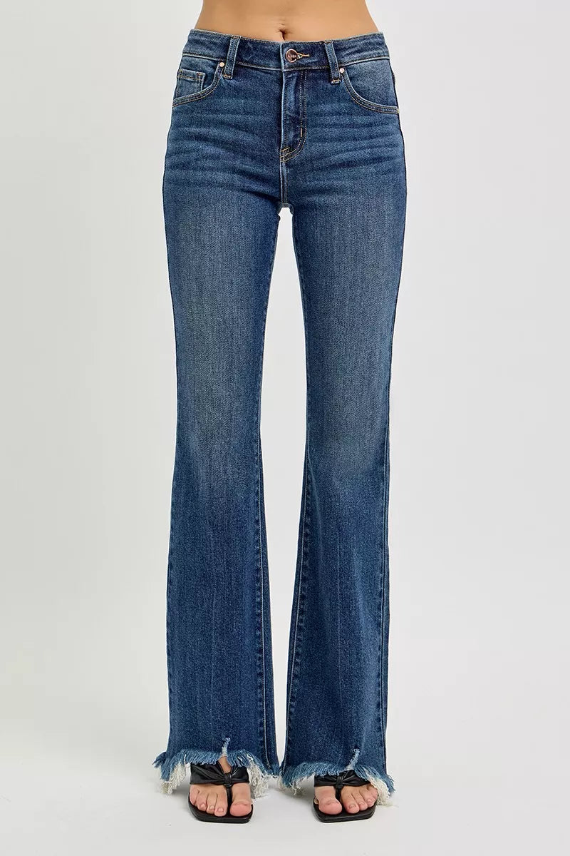 RISEN Full Size Mid Rise Flare Frayed Hem Jeans Plus Size - cas7m