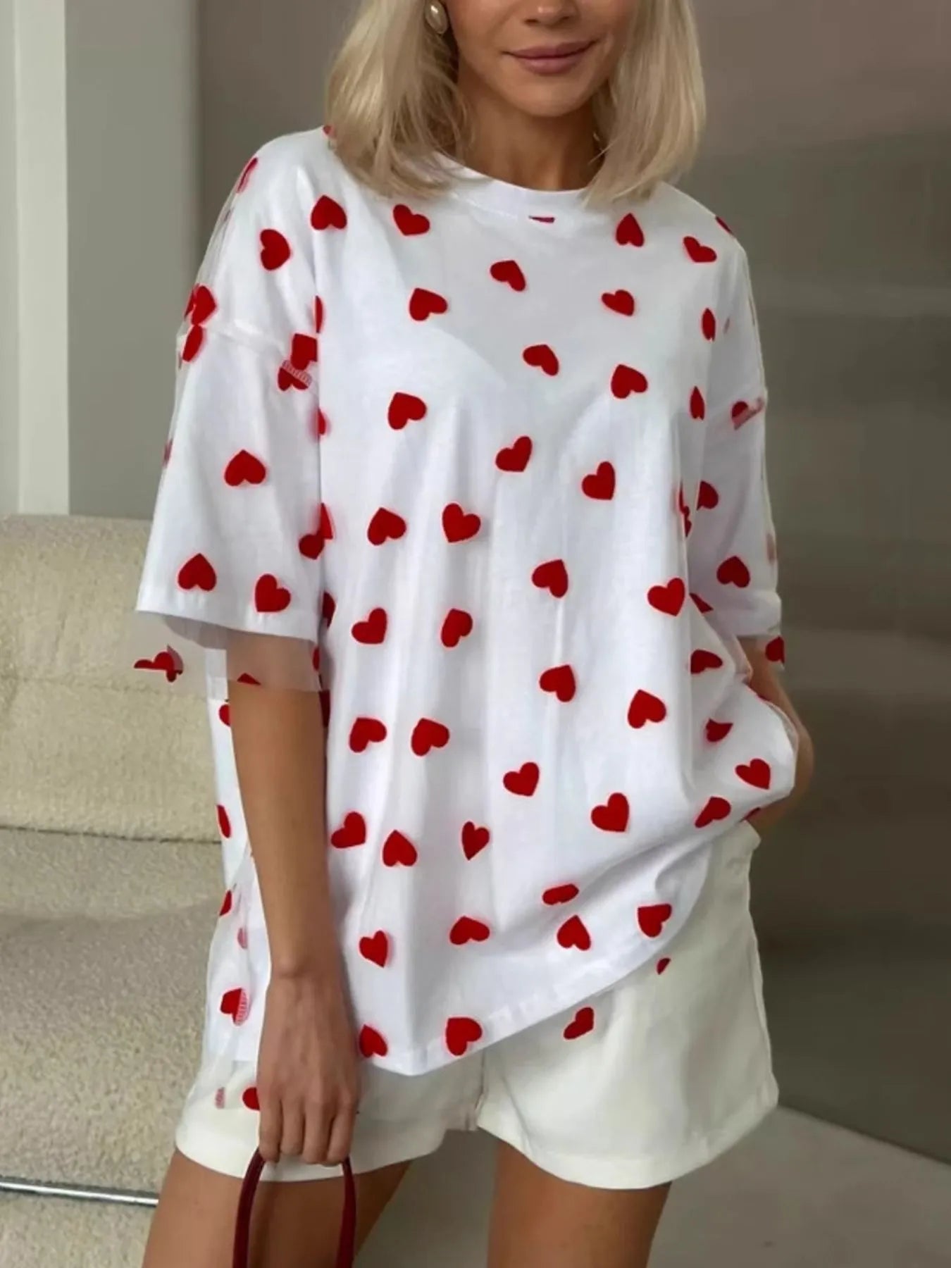 Heart Print Oversized T-Shirt - cas7m