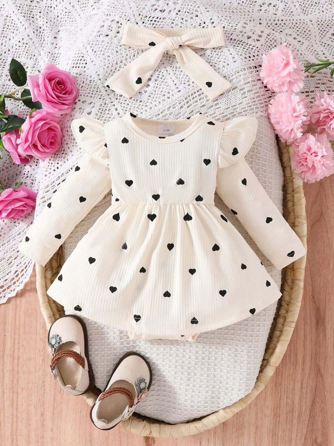 Children's Heart Print Ruffle Trim Bodysuit Dress with Headband - cas7m