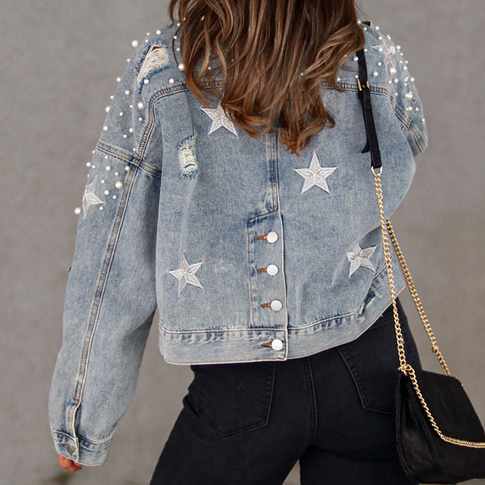 Bead Detail Denim Jacket - cas7m