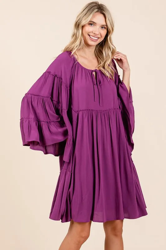 Mittoshop Frill Tie Neck Bell Sleeve Dress - cas7m