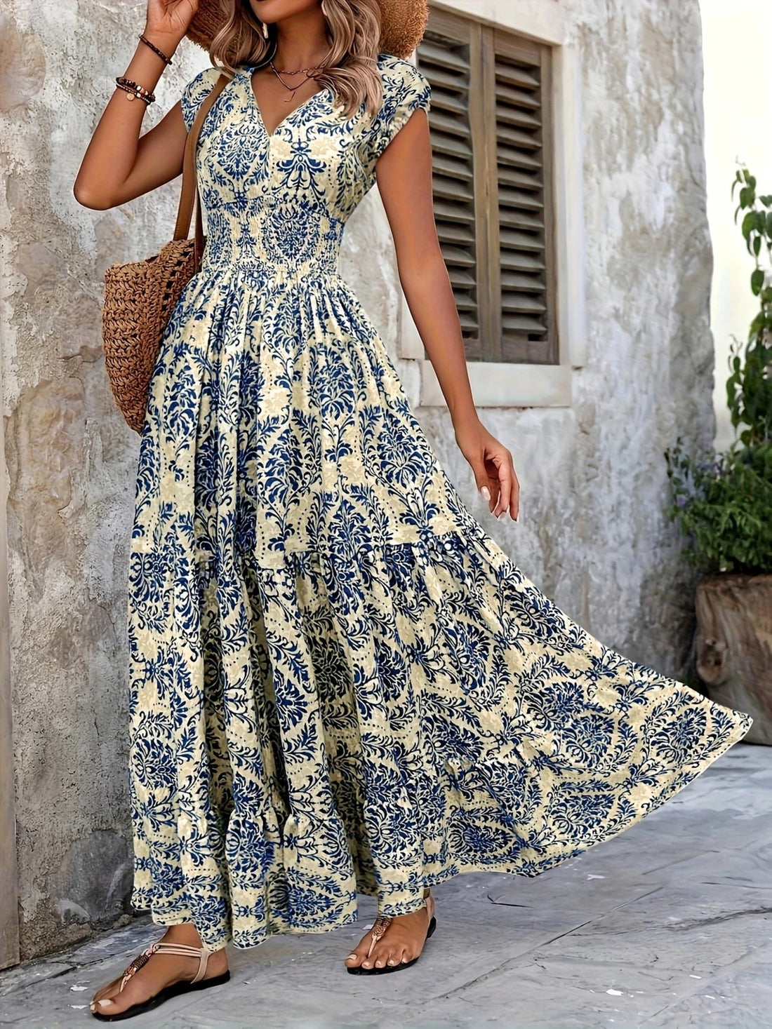 Smocked Tiered Maxi Dress - Chic Polyester Statement - cas7m