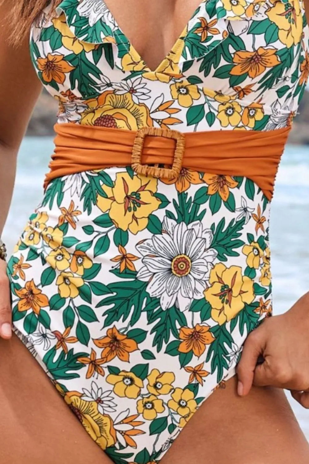 Ruffled Plunge Floral One-Piece Swimwear - cas7m