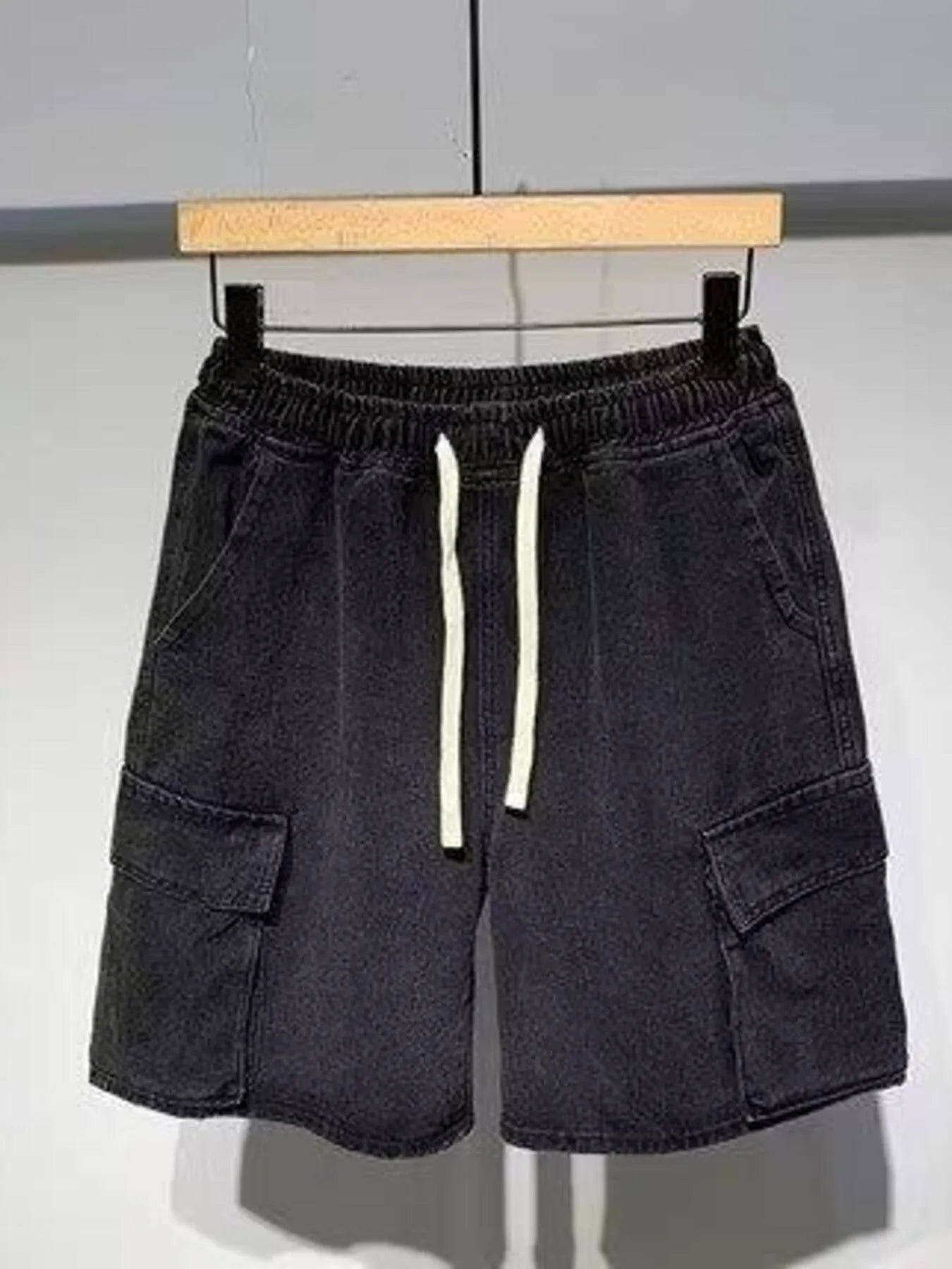 Men's Full Size Elastic Waist Washed Denim Cargo Shorts Plus Size - cas7m