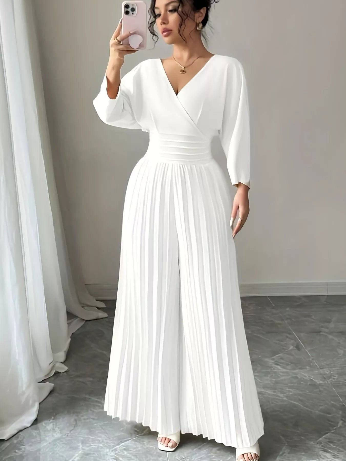 Surplice Pleated Wide Leg Jumpsuit - cas7m