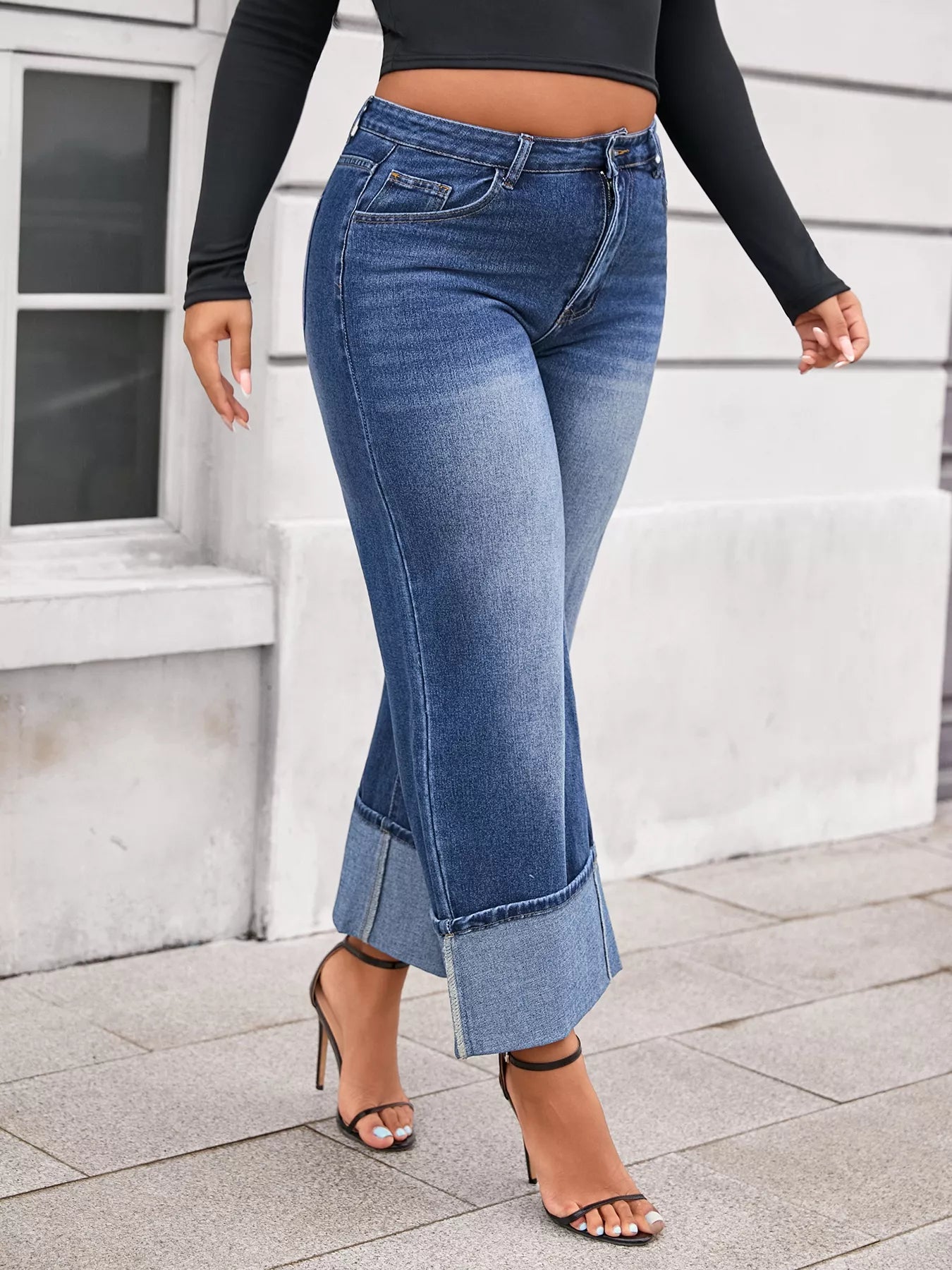 Plus Size High Waist Cuffed Wide Leg Jeans - cas7m