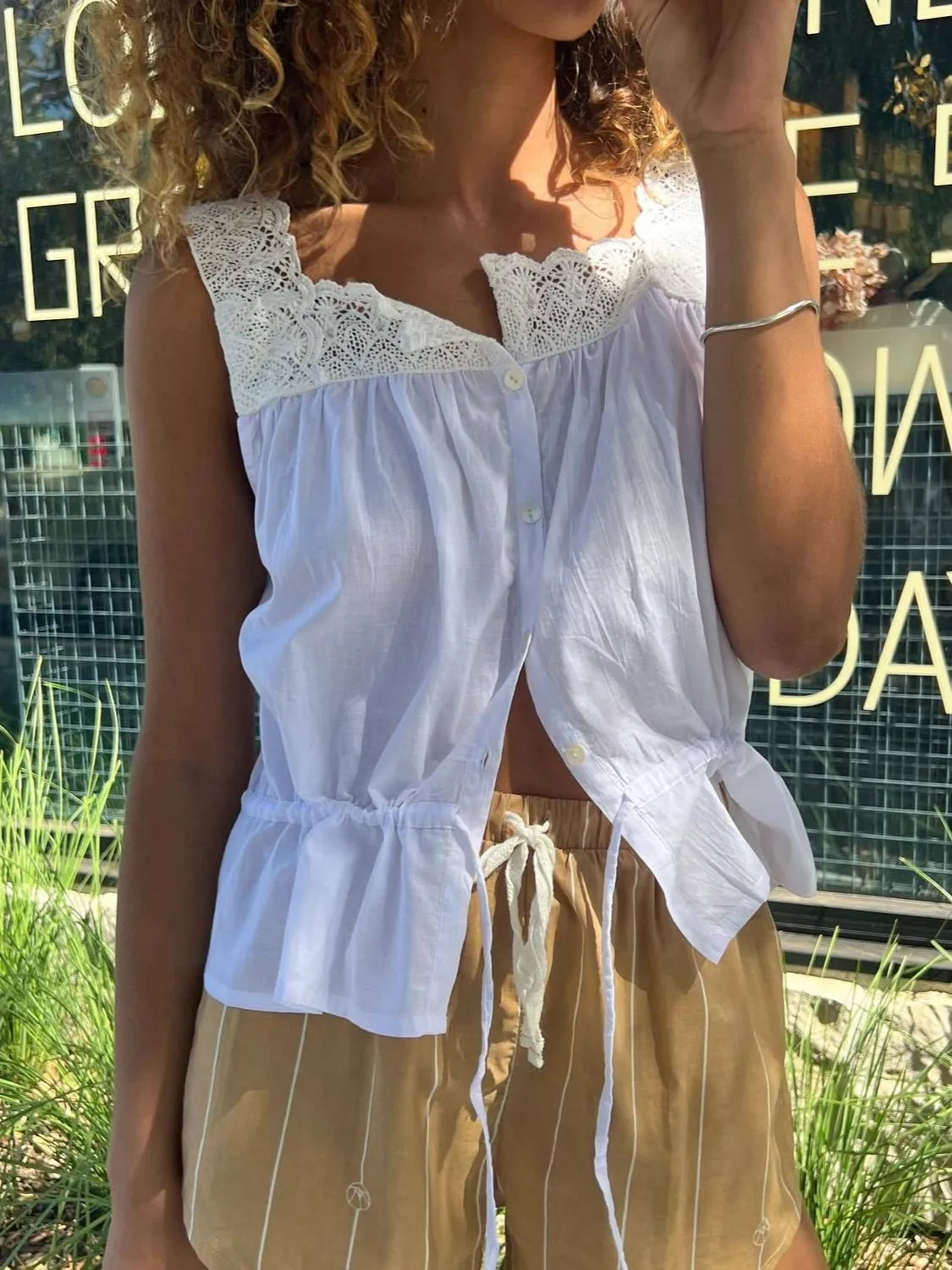 Lace Detail Drawstring Tank - cas7m