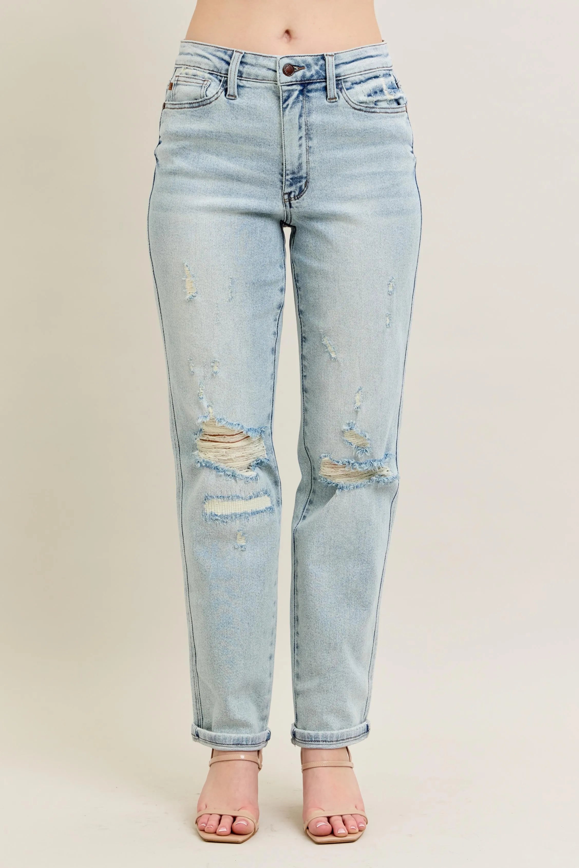 Judy Blue Full Size Mr Repair Stitch Detail Destroy Single Cuff Bf Jeans Plus Size - cas7m