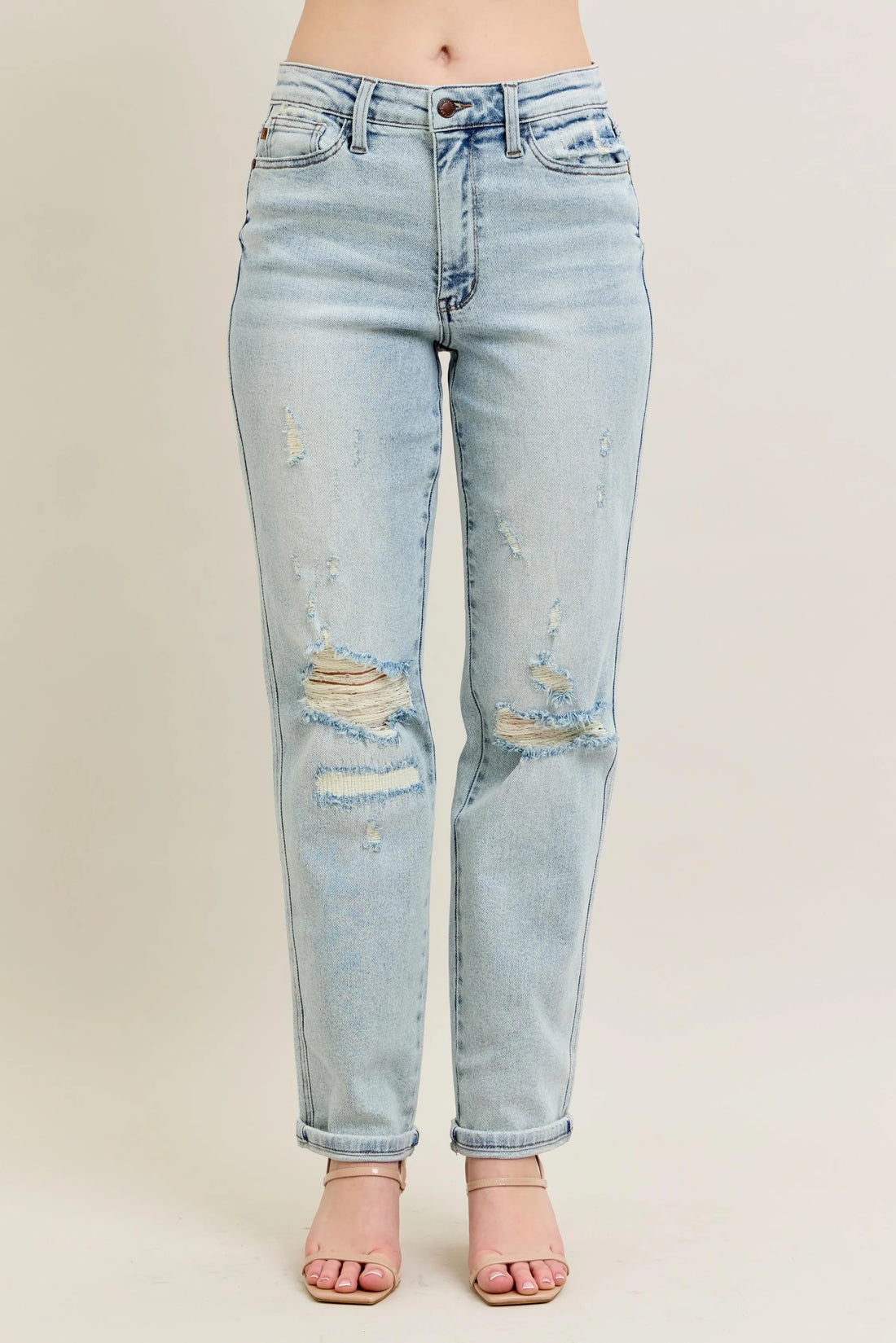 Judy Blue Full Size Mr Repair Stitch Detail Destroy Single Cuff Bf Jeans Plus Size - cas7m