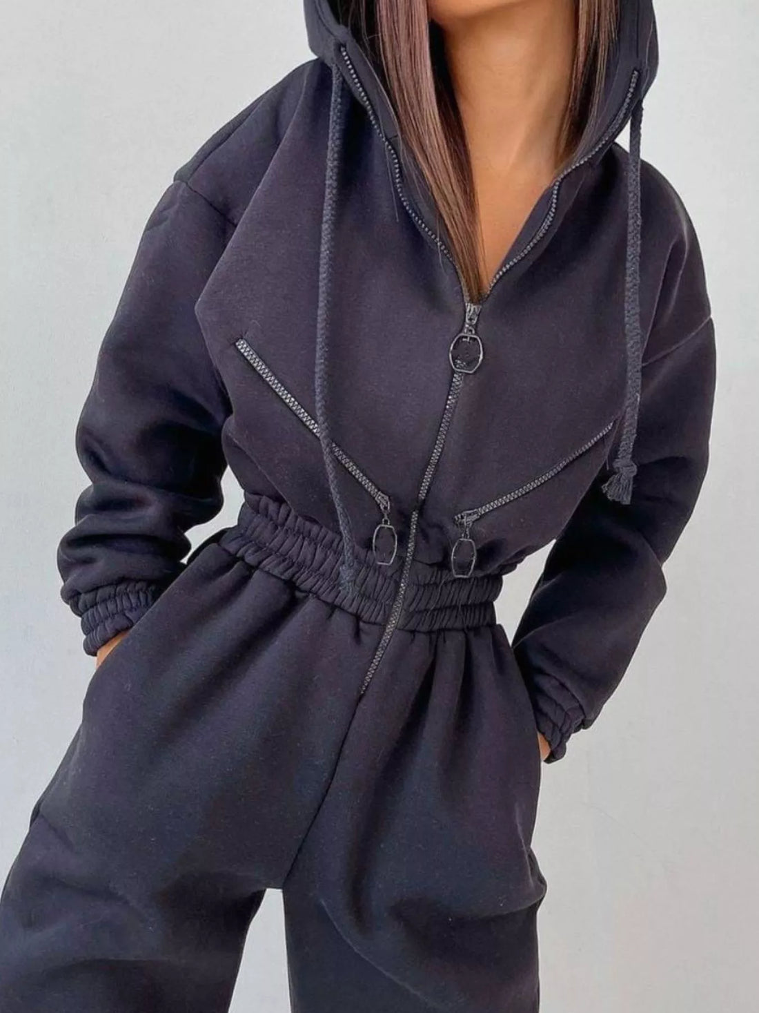Hooded Zip-Up Long Sleeve Jumpsuit - cas7m