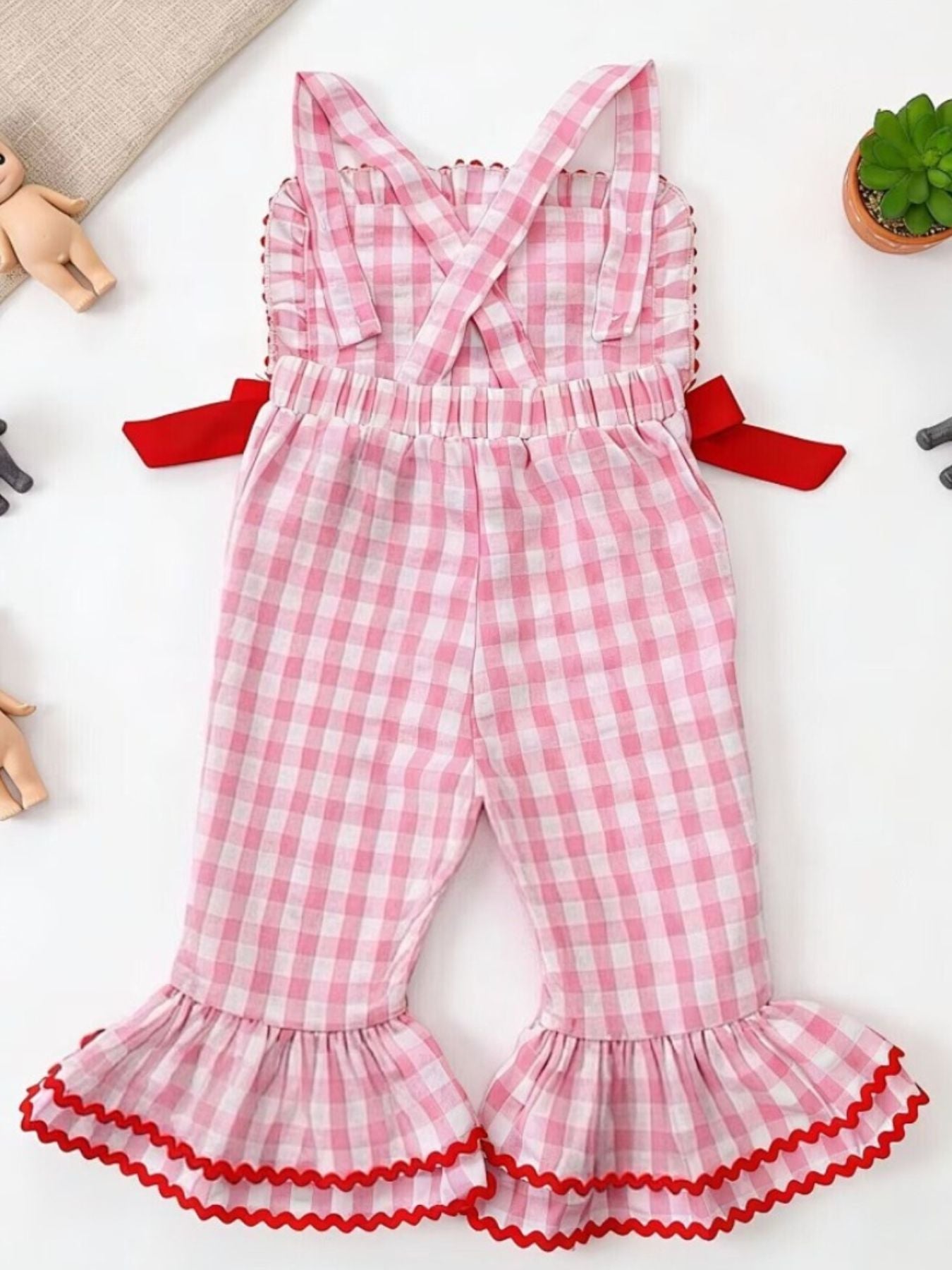 Children's Gingham Soccer Ball Embroidered Ruffle Hem Jumpsuit - cas7m