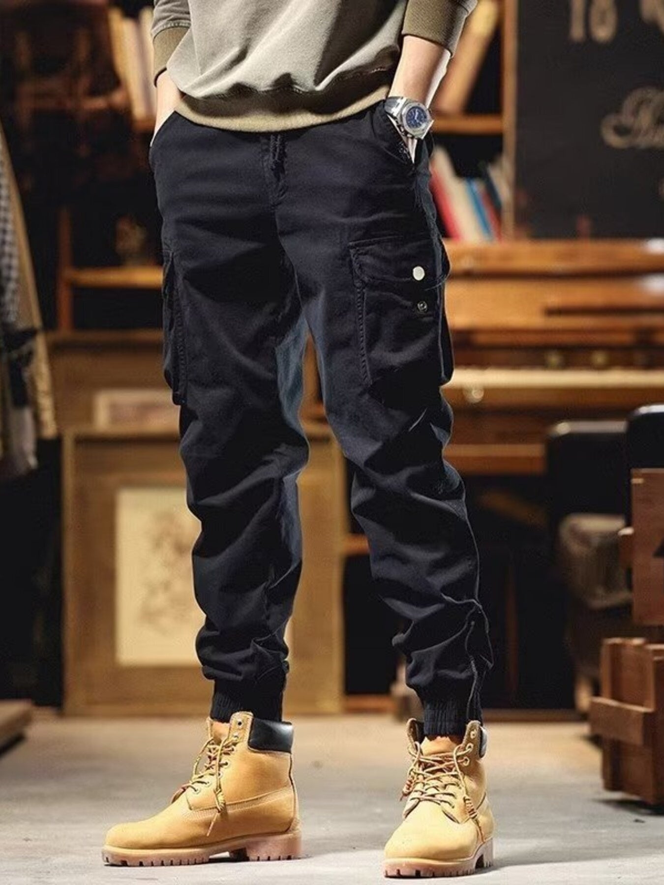 Men's Plus Size Casual Cargo Pants with Elastic Cuff - cas7m